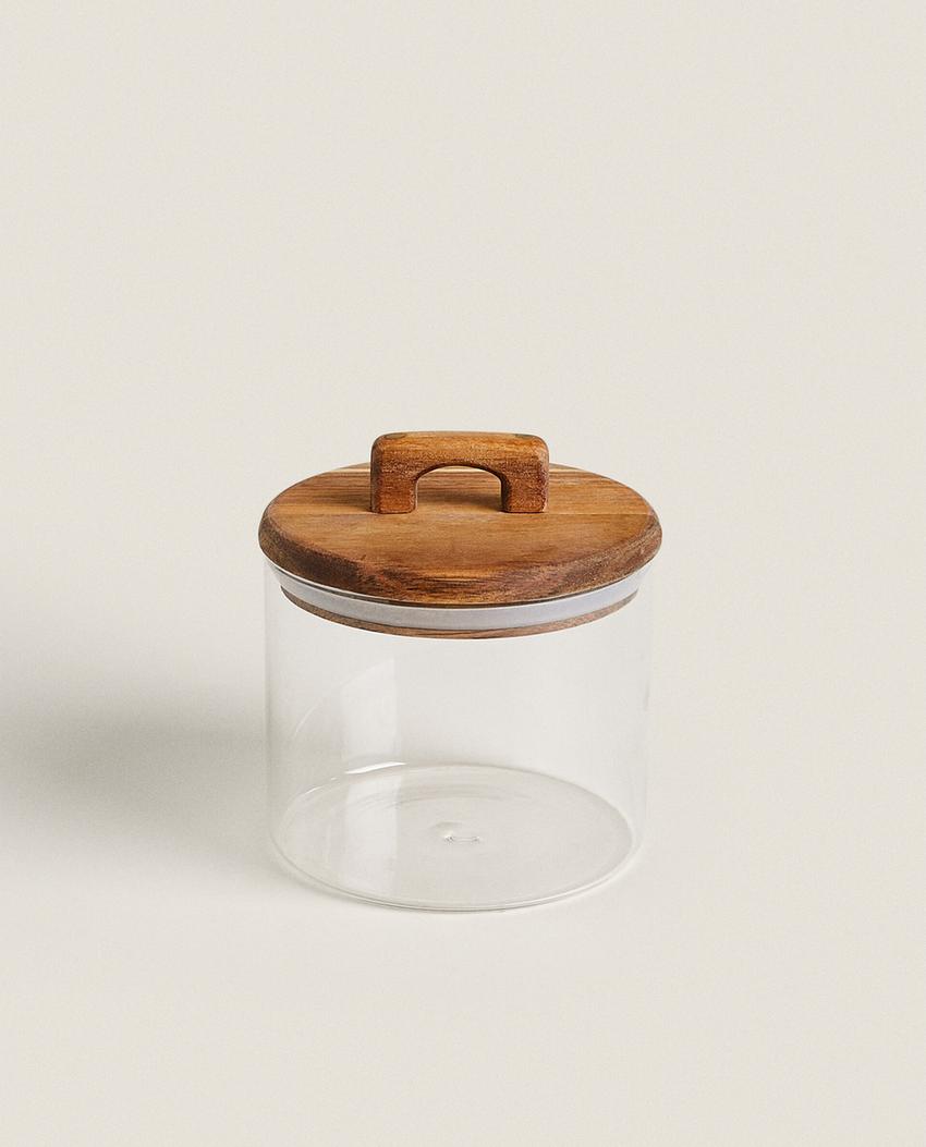 BOROSILICATE GLASS AND WOOD STORAGE JAR